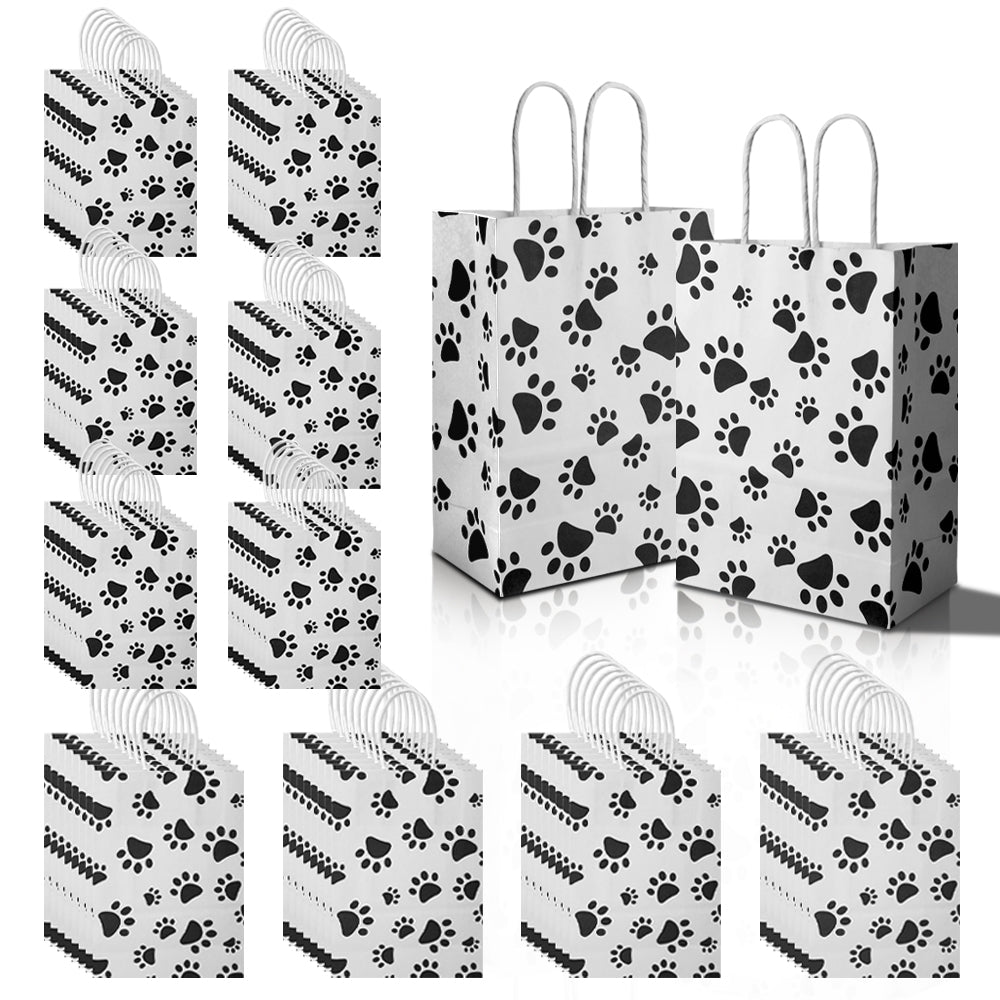 16/48pcs Dog Paw Gift Bags, Black and White Paw Print Paper Bags for Dog Birthday Party, Adoption Day, Vet Gifts, Dog Lover Present
