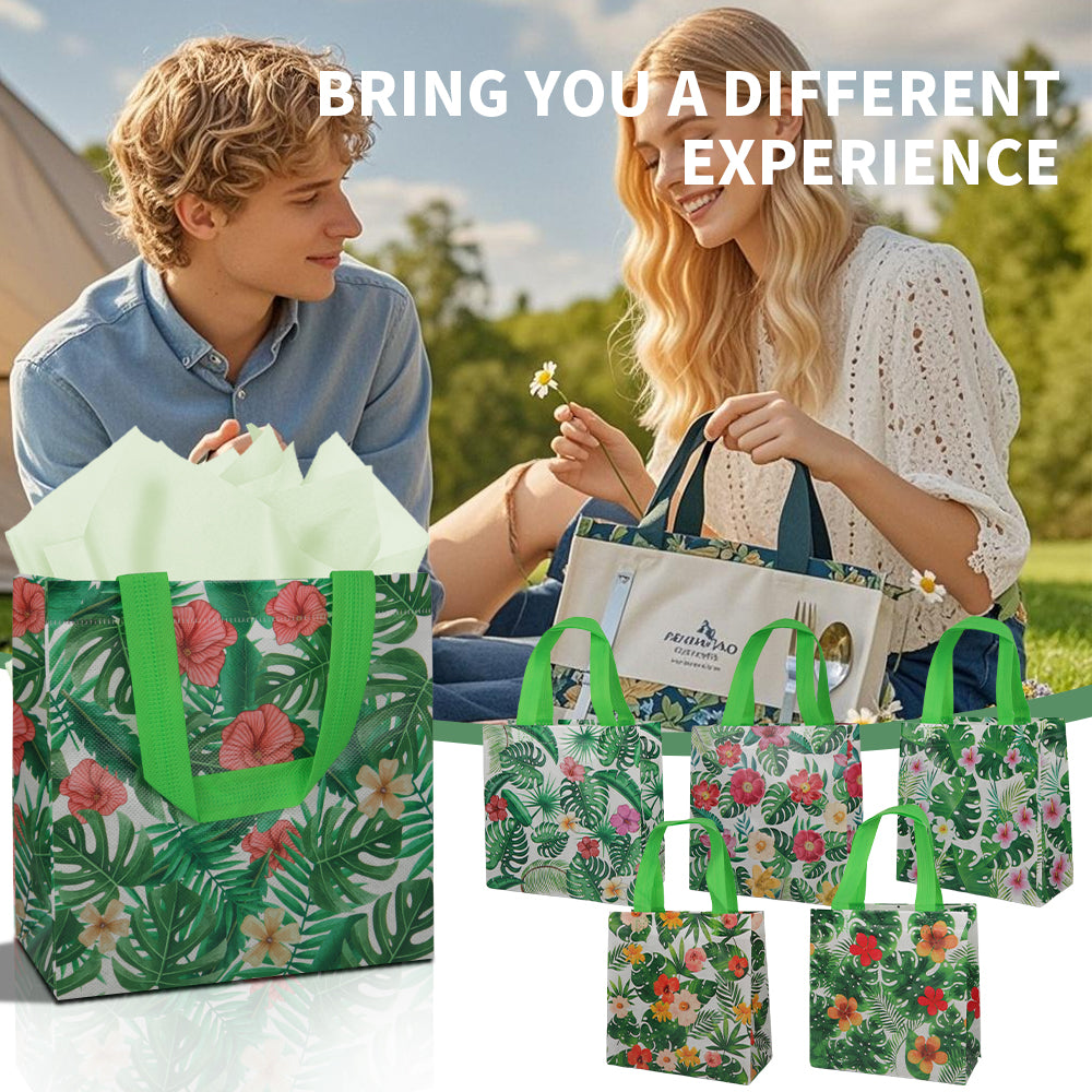 24/48pcs Tropical Gift Bags with Handles, Hawaiian Luau Party Favor Bags, Hibiscus and Monstera Summer Birthday Wedding Goody Bags for Candy Treats