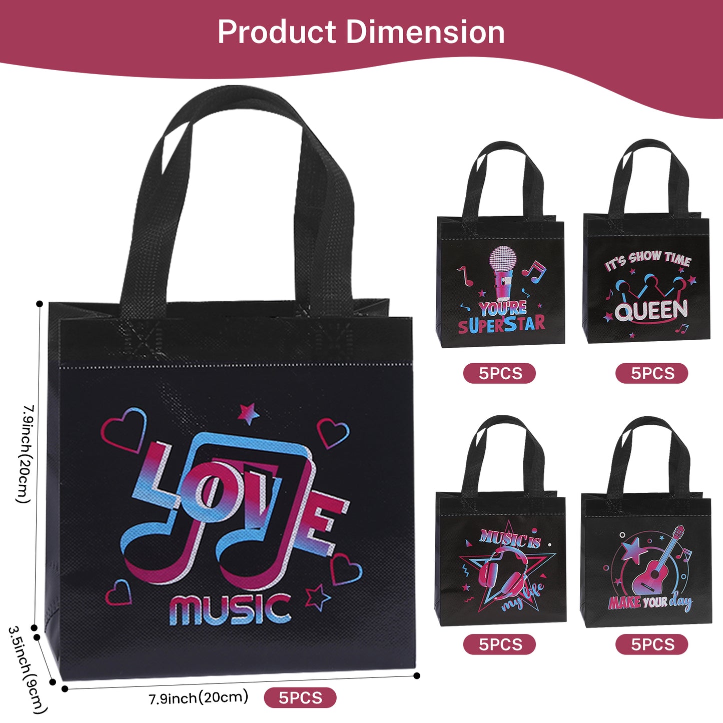 25pcs Music Theme Non-Woven Gift Bags for Birthday Party, KTV, and Concert  "It's Show Time" & "Superstar" Design