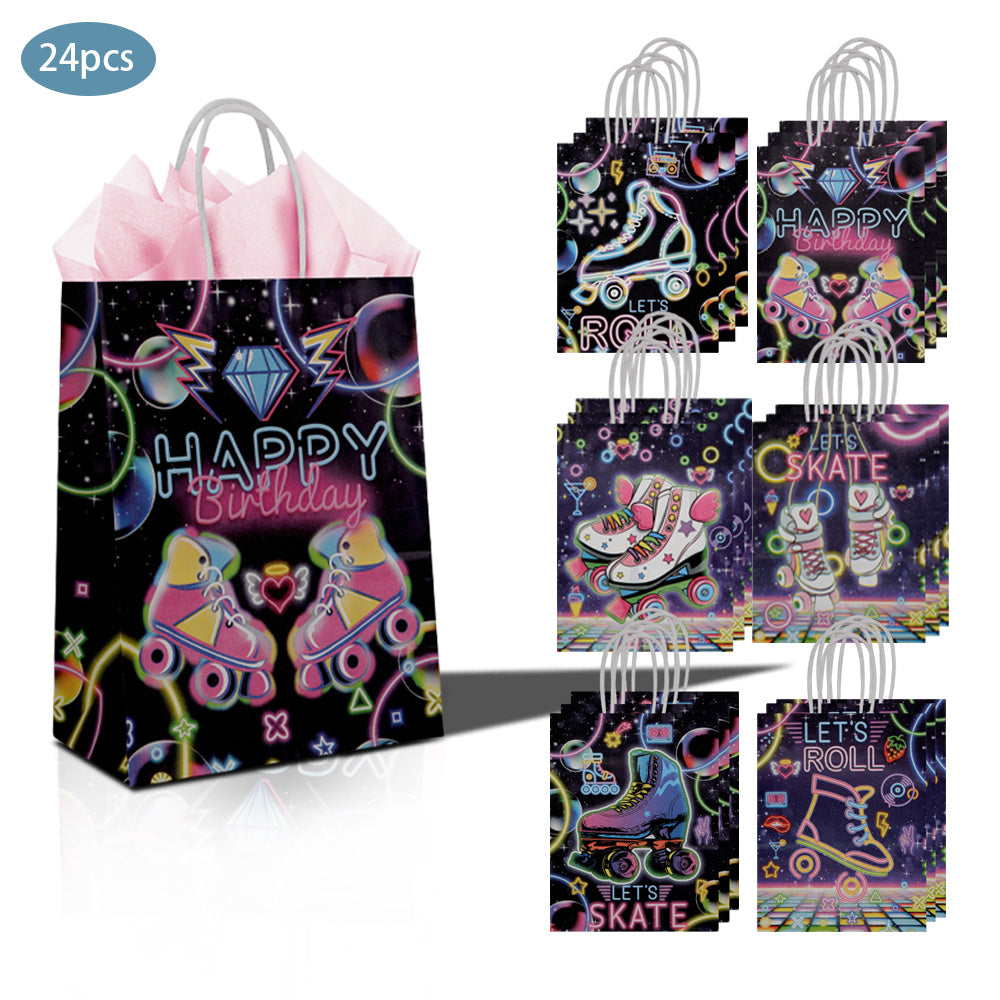 24/48pcs Retro Roller Skating Birthday Gift Bags, Neon Disco Theme Party Favor Bags for Kids, Let's Roll