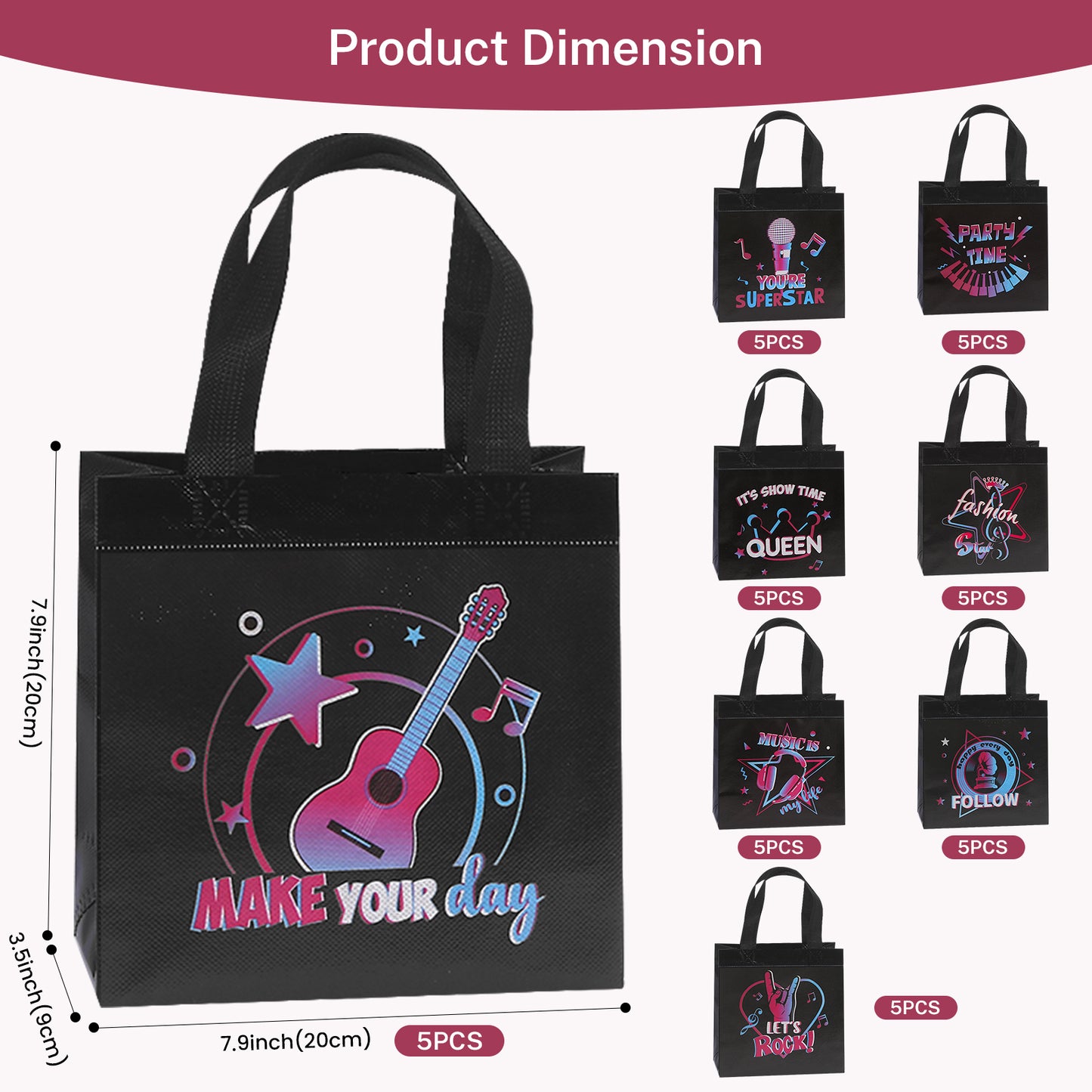 50pcs Music Party Favor Bags, Rock Concert Candy Bags, Non Woven Gift Bags for Birthday Party, Music Lover Party Supplies