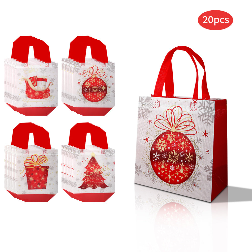 20/40pcs Christmas Gift Bags,Red and White Non Woven Holiday Party Favor Bags with Snowflake and Ornament Design for Kids Presents and Candy