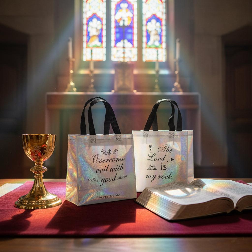 16/32pcs Christian Gift Bags with Bible Verses, Holographic Iridescent Tote Bags for Church, Bible Study, Easter, Christmas, Religious Party Favors