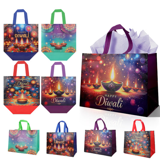 12/24pcs Happy Diwali Gift Bags, Reusable Non Woven Tote Bags for Diwali Party Favor, Indian Festival of Lights Candy Bags