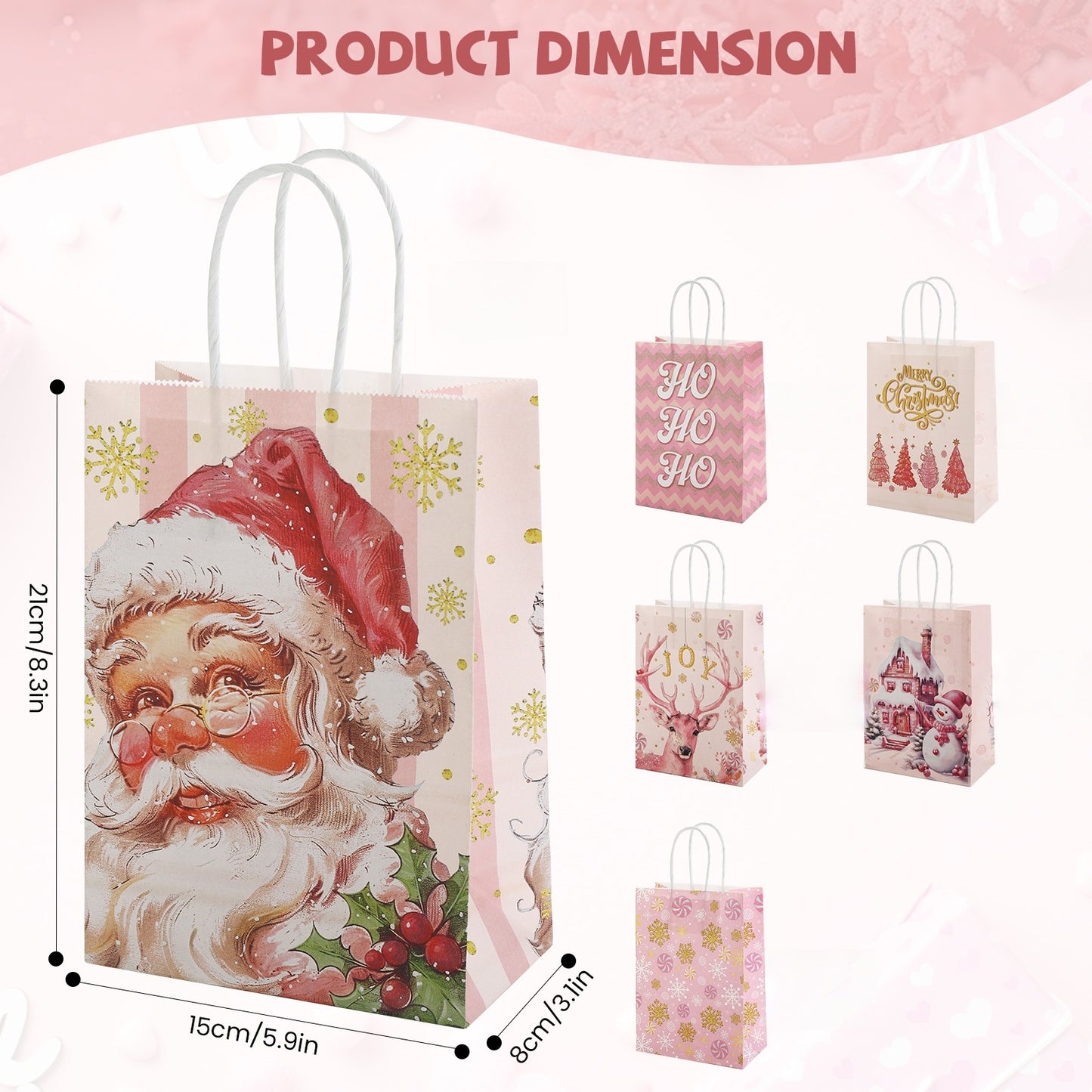 24/48pcs Pink Christmas Gift Bags with Santa Claus Design, Retro Holiday Party Favor Bags for Kids, Christmas Treat Bags
