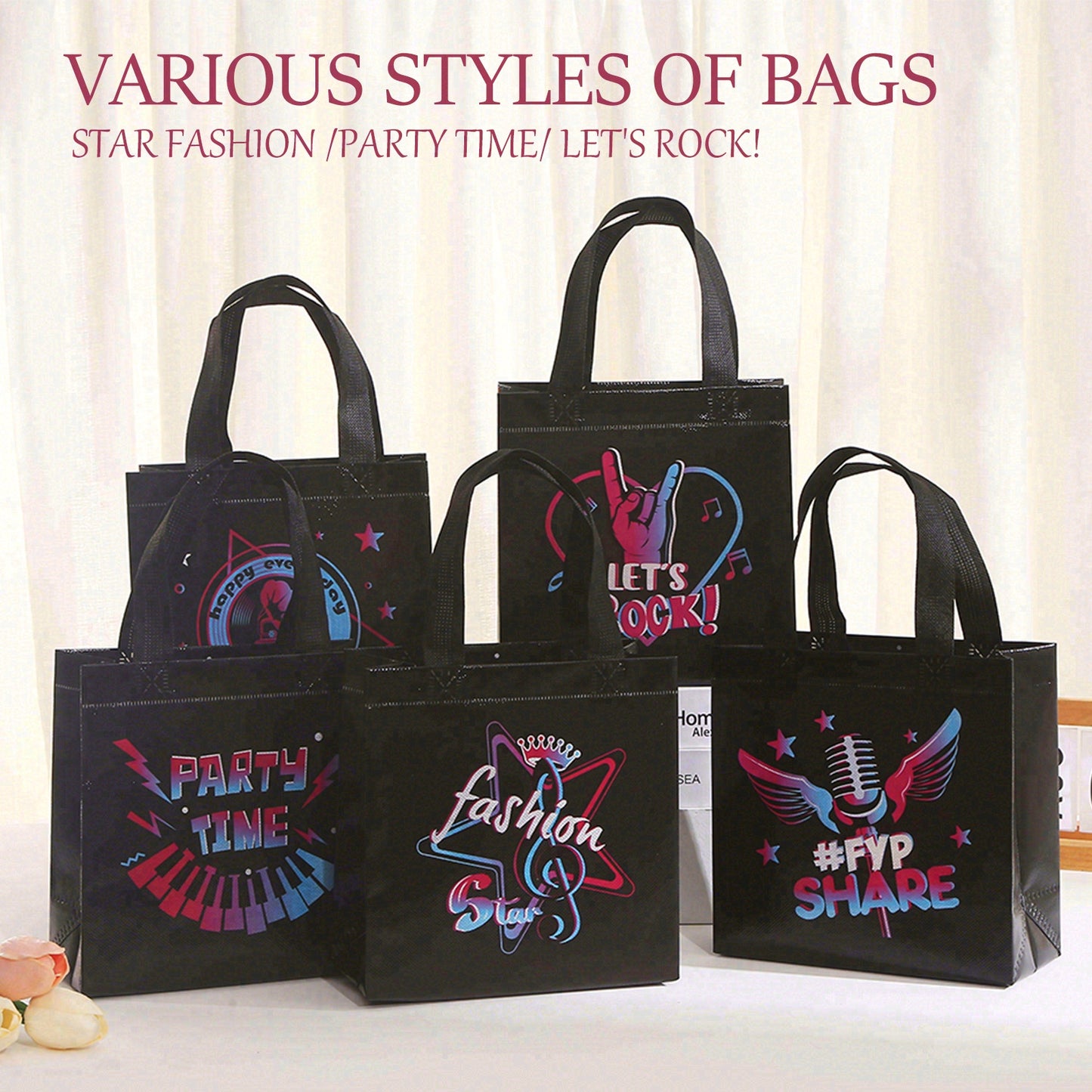 25pcs Festival Party Favor Bags, Rock Music Candy Totes, Non Woven Reusable Gift Bags, Halloween Trick or Treat