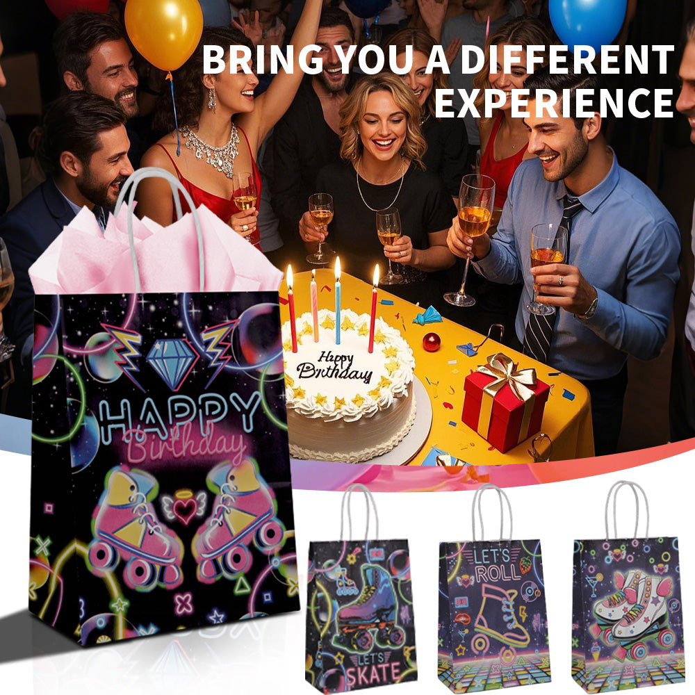 24/48pcs Retro Roller Skating Birthday Gift Bags, Neon Disco Theme Party Favor Bags for Kids, Let's Roll