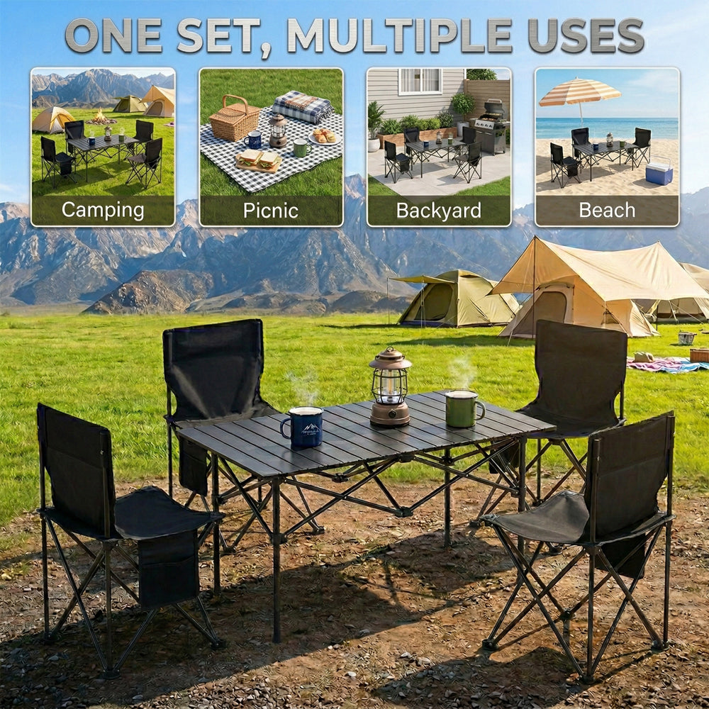 5 Piece Camping Table and Chairs Set, Portable Outdoor Folding Table & 4 Chairs with Carry Bag, Heavy Duty Aluminum Roll Up Table for Picnic, Beach, Backyard, Tailgate Party (Black)