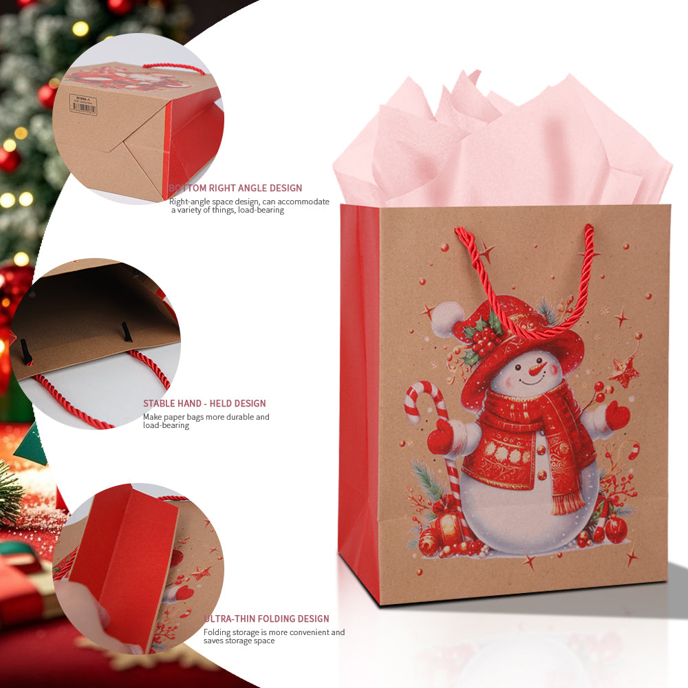 10/20pcs Christmas Gift Bags Kraft Paper with Handles, Snowman and Santa Claus Design, Holiday Party Favor Bags for Kids Presents Wrapping Supplies