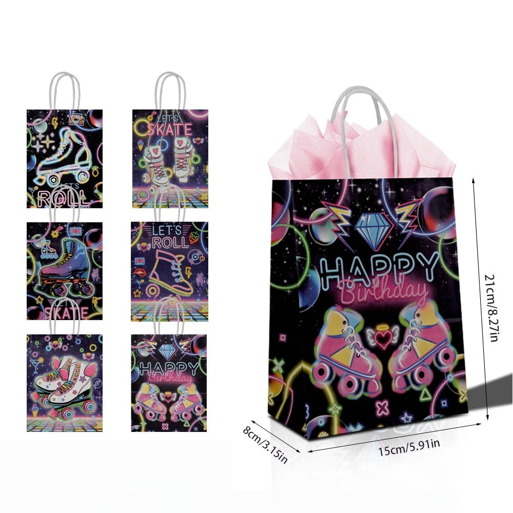 24/48pcs Retro Roller Skating Birthday Gift Bags, Neon Disco Theme Party Favor Bags for Kids, Let's Roll