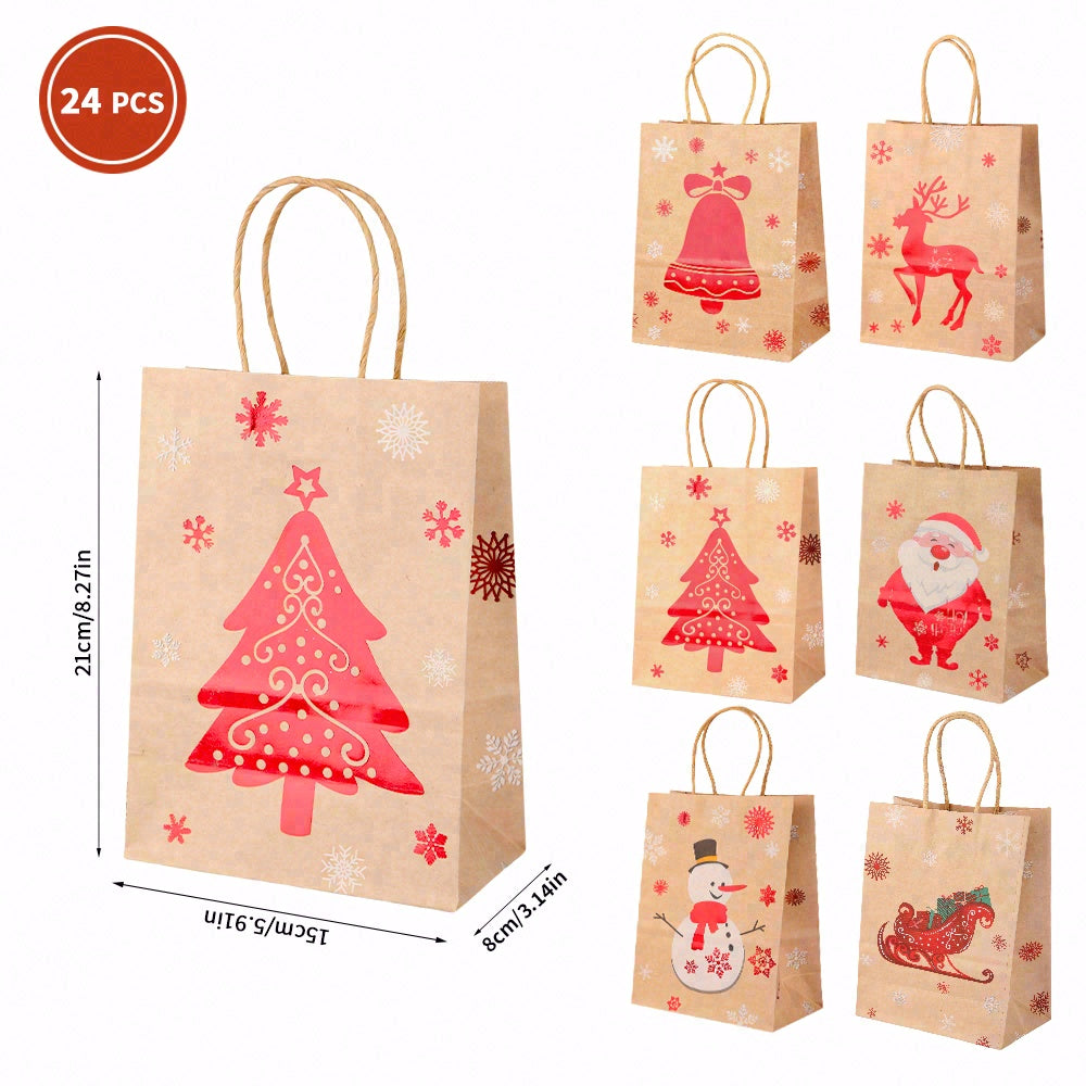 24/48pcs Christmas Gift Bags with Handles, Kraft Paper Holiday Party Favor Bags, Assorted Santa Snowman Reindeer Designs for Xmas Cookies Treats Goody Bags