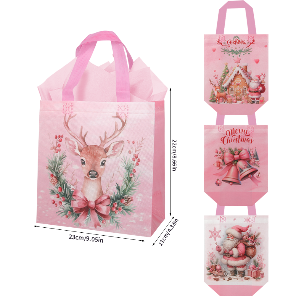 20/40pcs Cute Pink Christmas Deer Gift Bags with Handles, Reusable Non Woven Holiday Tote Bags for Kids Presents, Party Favors, and Candy