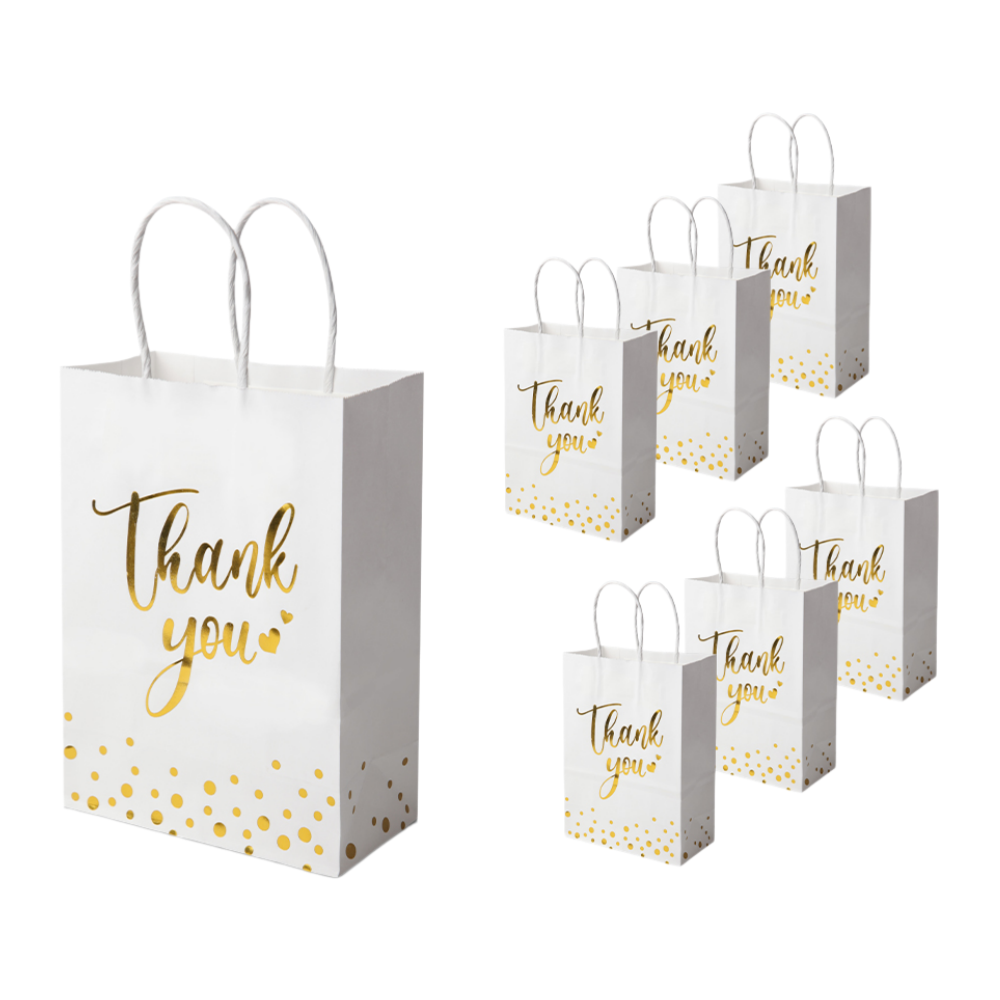 24/48pcs Thank You Gift Bags, White Gold Foil Paper Bags with Handles for Wedding Favor, Birthday Party, Baby Shower, Christmas