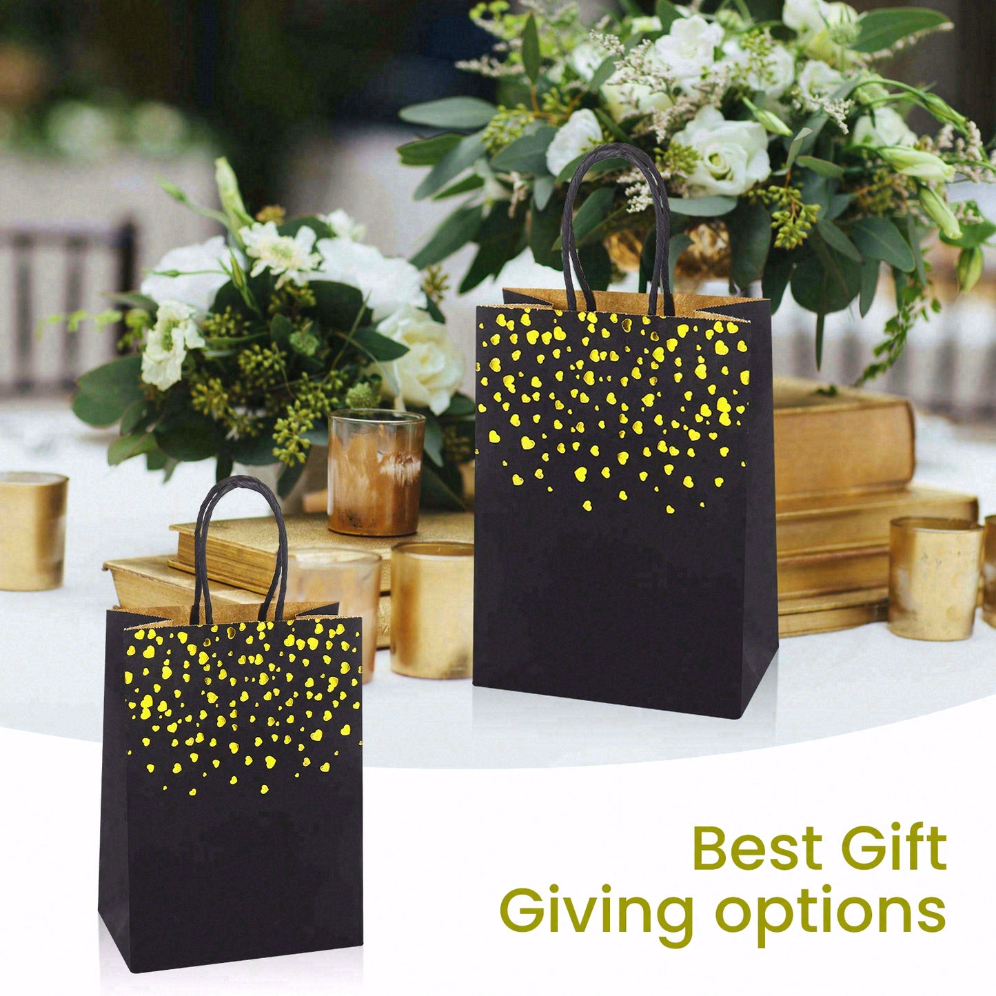 20/40pcs Black Gold Heart Paper Gift Bags, Luxury Party Favor Bags for Valentine's Day, Weddings, and Birthdays.