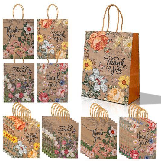 20/40pcs Floral Kraft Gift Bags with Thank You Print, Vintage Paper Bags for Flower Bouquet, Wedding Party Favor