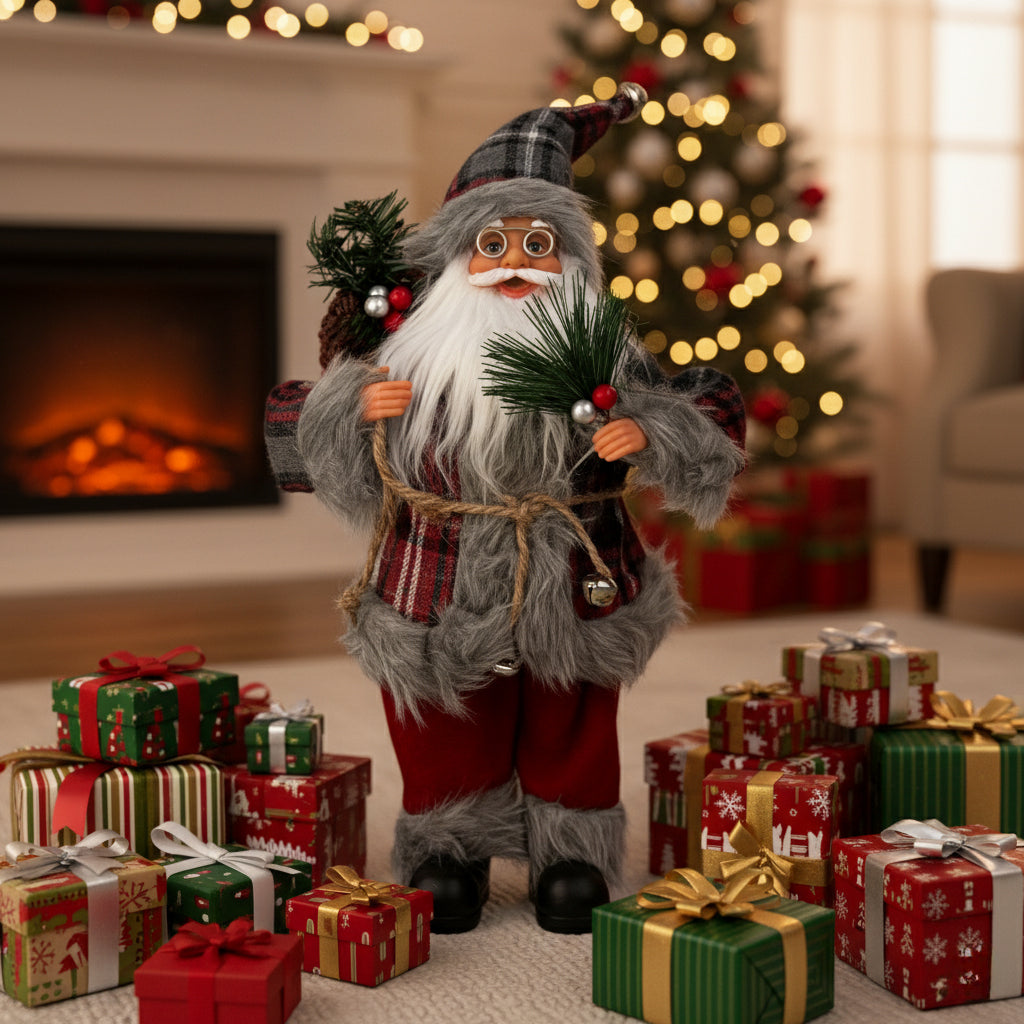 15.7In Plaid Santa Claus Figurine, Rustic Farmhouse Christmas Decoration for Mantel Table, Standing Santa with Glasses for Holiday Home Decor