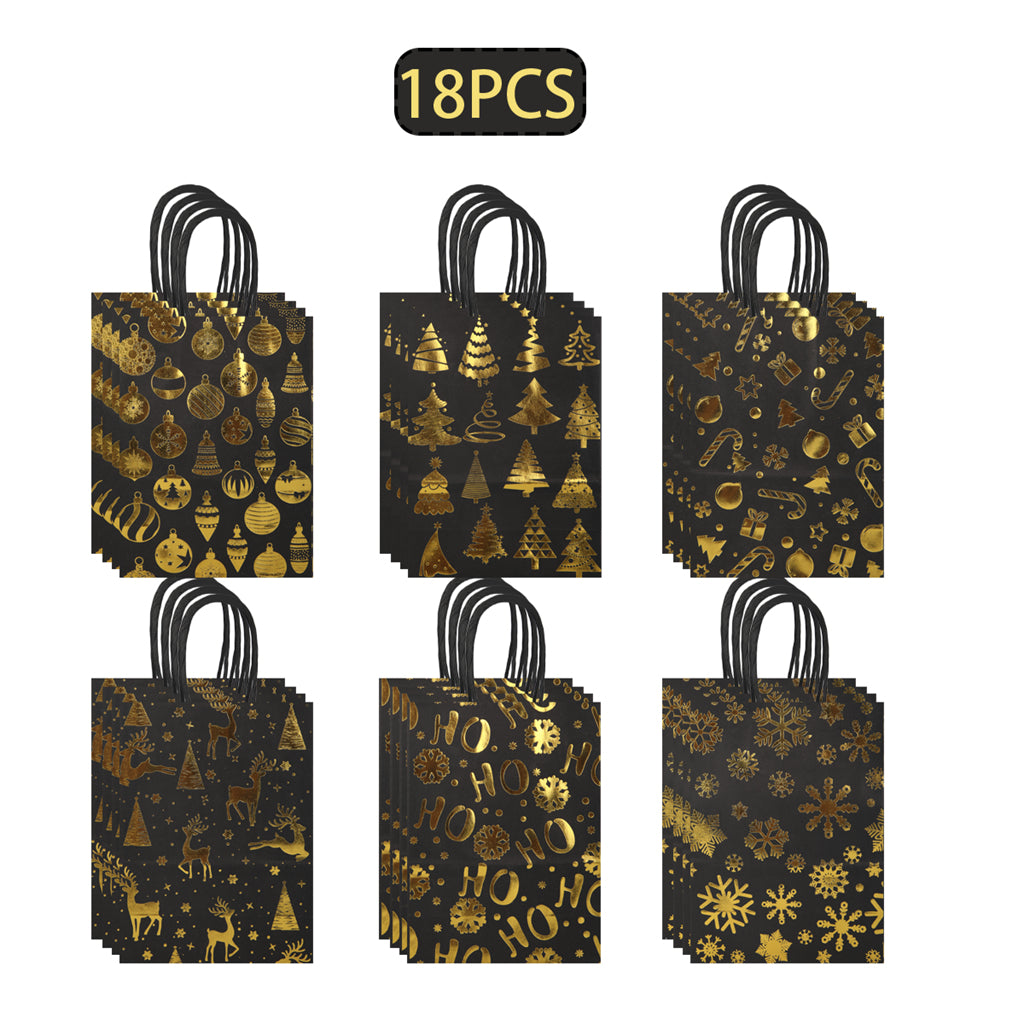 18/36pcs Christmas Gift Bags Black Gold Foil | Luxury Holiday Party Favor Bags with Handles | Elegant Christmas Tree Ornament Snowflake Reindeer Design