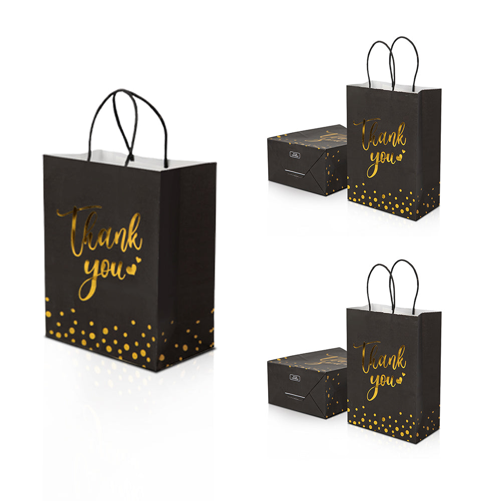 24/48pcs Black and Gold Thank You Gift Bags, Luxury Paper Gift Bags with Handles for Birthday, Wedding, Christmas Party