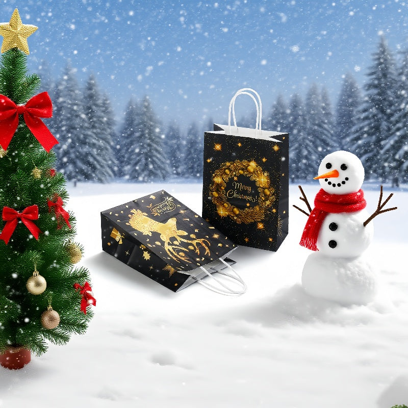 24/48pcs Black and Gold Christmas Gift Bags with Wreath and Reindeer Design, Merry Christmas Party Favor Bags, Holiday Gift Wrapping Bags