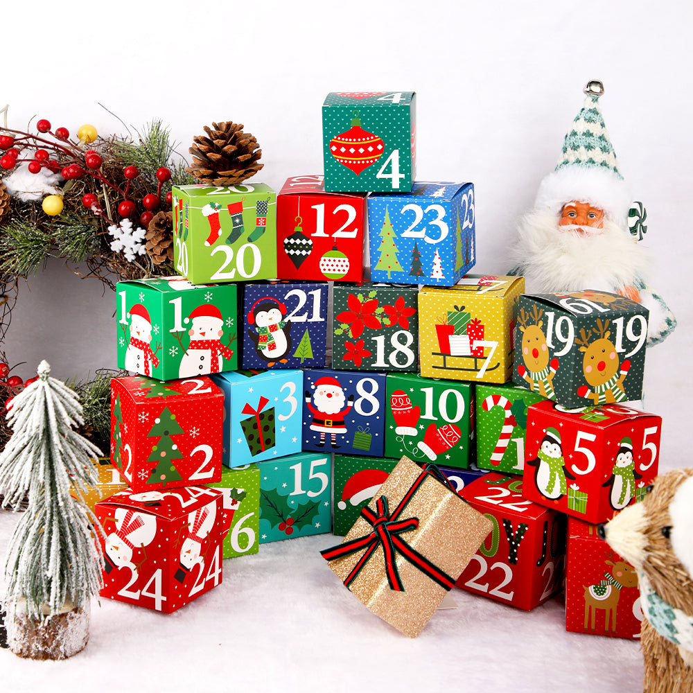 Christmas Advent Calendar Boxes, 24 Days Countdown to Christmas，Mini Gift Boxes for Candy Treats, Holiday Party Favors, Classroom Stuffers Decorations