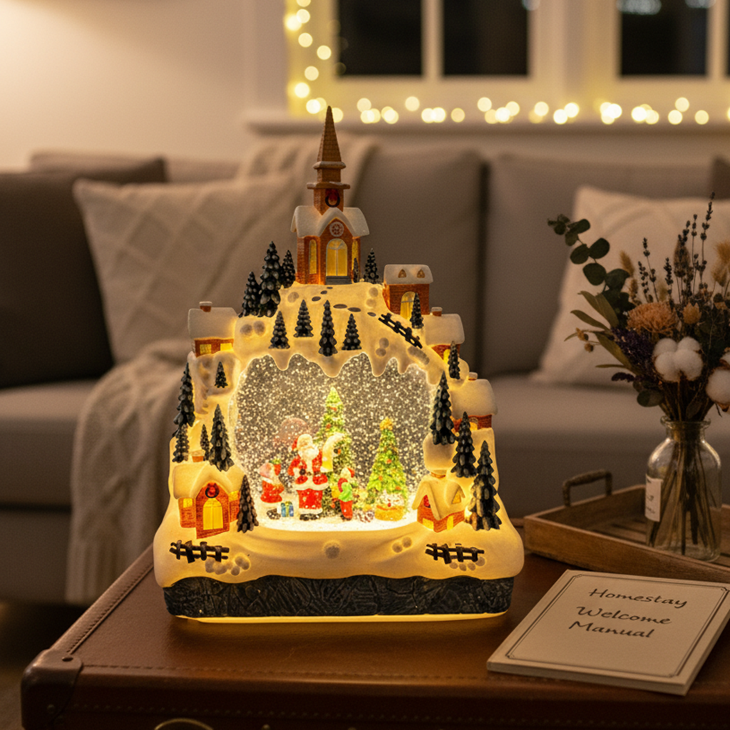 1 Piece Christmas Village Decoration, Musical Snow Globe with LED Lights, Lighted Winter Wonderland Scene with Church and Santa Claus, Tabletop Christmas Decor for Home