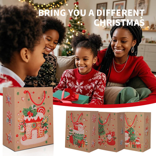 10/20pcs Christmas Gift Bags Kraft Paper with Handles, Santa and Christmas Tree Design, Holiday Party Favor Bags for Candy, Treats, and Presents