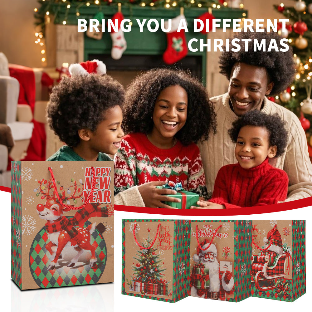 10/20pcs Retro Christmas Gift Bags with Handles, Kraft Paper Holiday Party Bags, Santa Claus and Reindeer Design