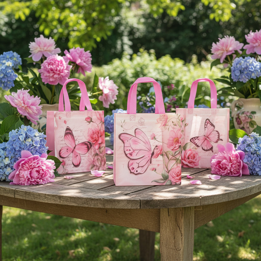 20/40pcs Pink Butterfly Gift Bags for Birthday, Wedding, Valentine's Day Party Favor Bags, Floral Tote Bags for Women