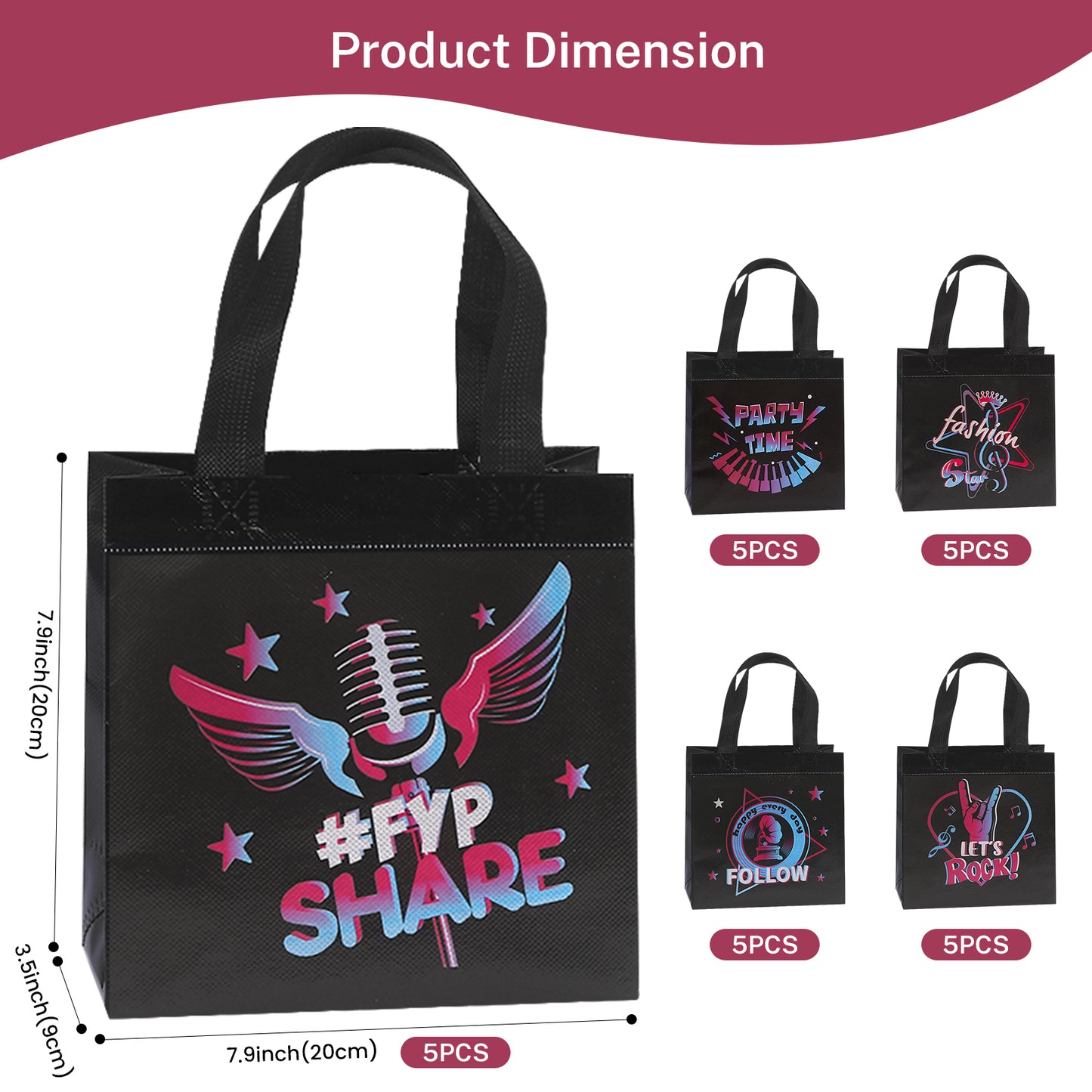 25pcs Festival Party Favor Bags, Rock Music Candy Totes, Non Woven Reusable Gift Bags, Halloween Trick or Treat
