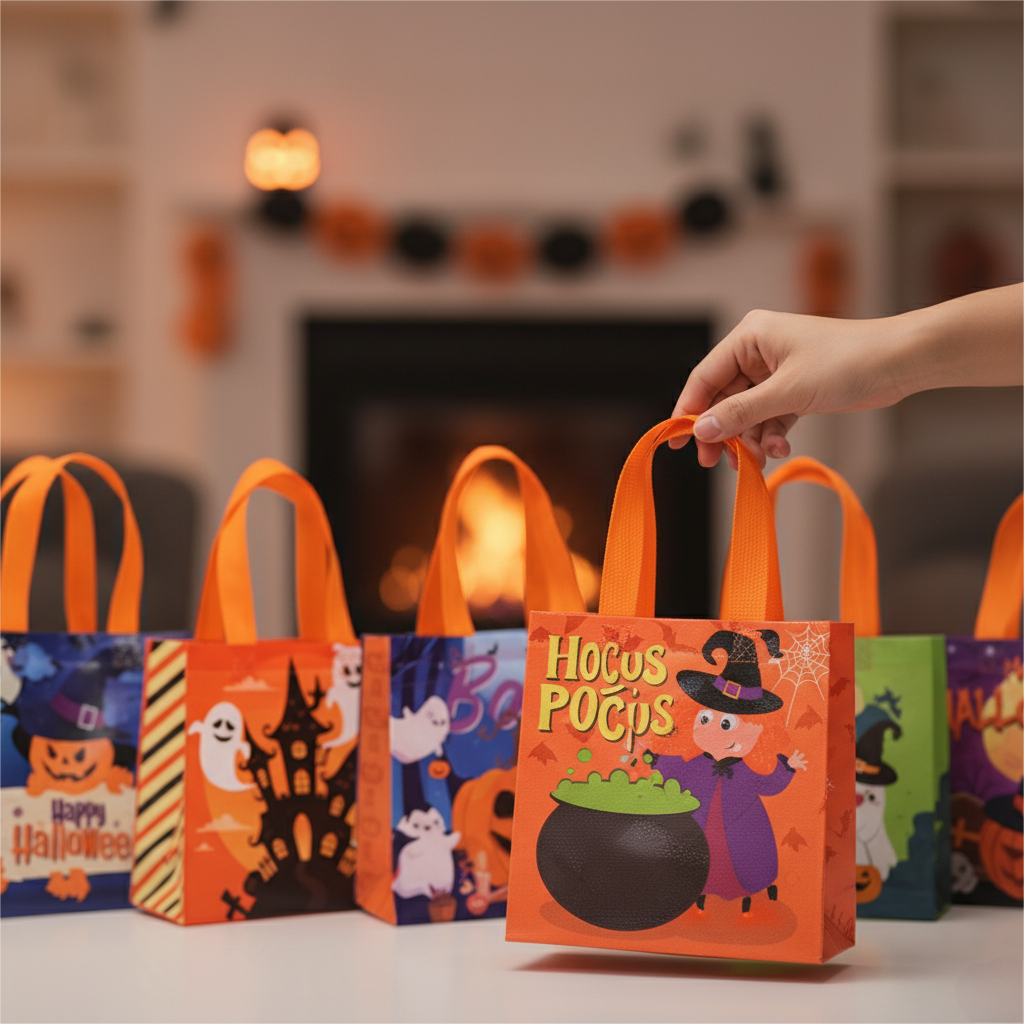 24/48pcs Halloween Goodie Bags, Trick or Treat Bags for Kids, Halloween Party Favors, Candy Bags, Non-Woven Reusable Gift Bags for Halloween Party Supplies
