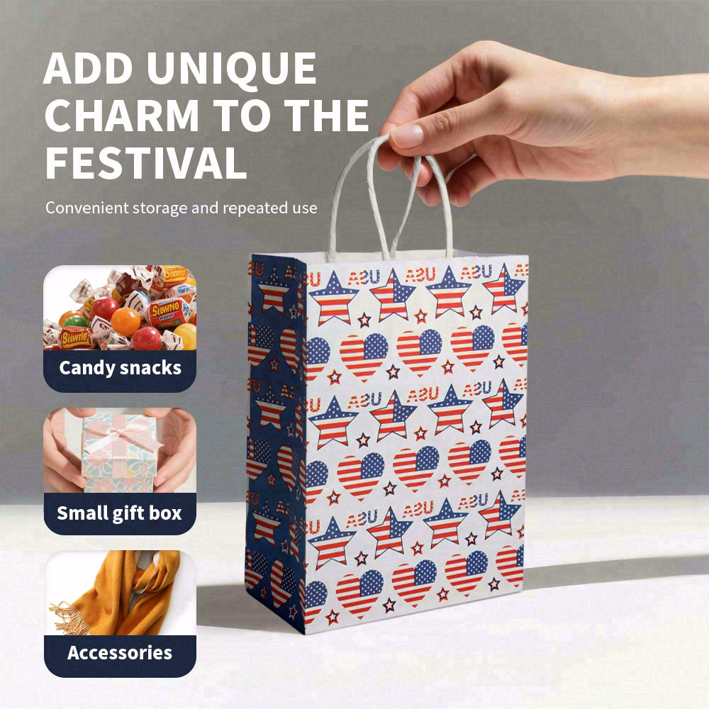24/48pcs American Flag Gift Bags, Patriotic Party Favor Bags for 4th of July, Independence Day, Veterans Day, Memorial Day, Red White Blue Paper Treat Bags with Handles