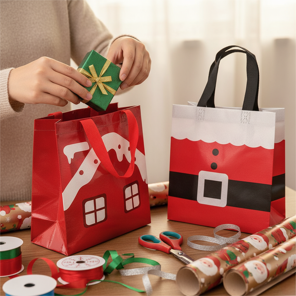 16/32pcs Christmas Gift Bags with Handles, Santa Claus Non Woven Tote Bags for Holiday Party Favors, Candy, Stocking Stuffers, Christmas Decorations