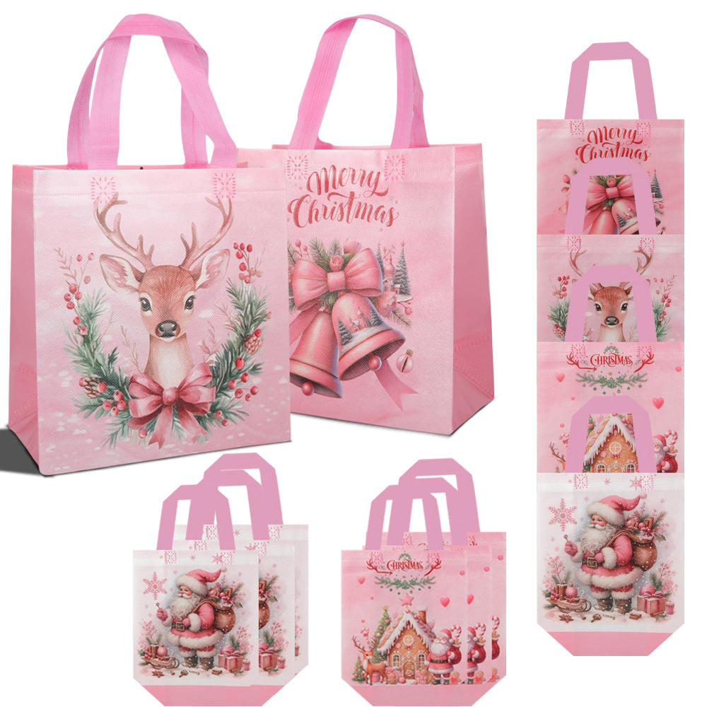 20/40pcs Cute Pink Christmas Deer Gift Bags with Handles, Reusable Non Woven Holiday Tote Bags for Kids Presents, Party Favors, and Candy