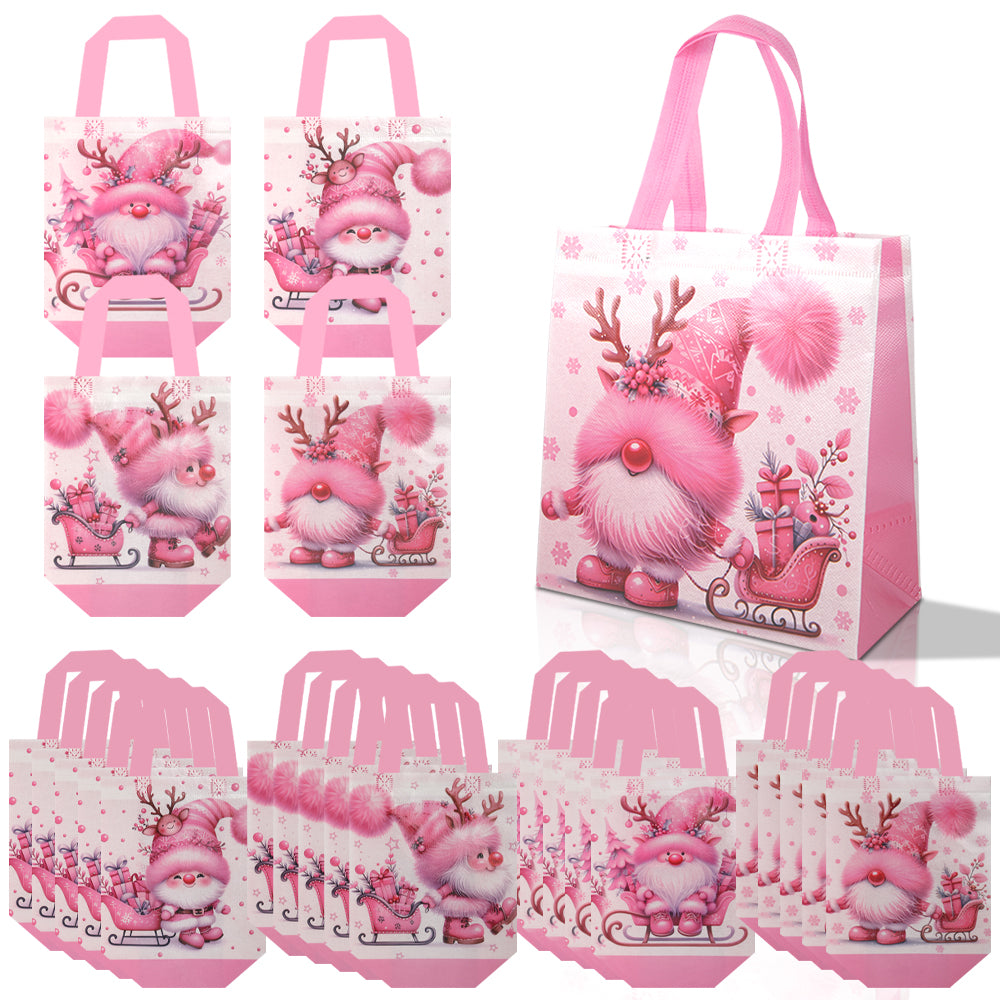 20/40pcs Pink Christmas Gnome Gift Bags, Cute Pinkmas Party Favor Bags for Girls Kids School Classroom, Non Woven Xmas Treat Bags