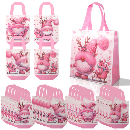 20/40pcs Pink Christmas Gnome Gift Bags, Cute Pinkmas Party Favor Bags for Girls Kids School Classroom, Non Woven Xmas Treat Bags