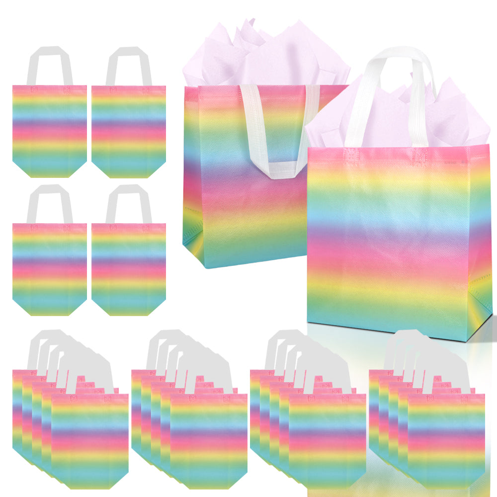 20/40pcs Rainbow Gift Bags, Non Woven Reusable Party Favor Bags with Handles for Birthday, Easter