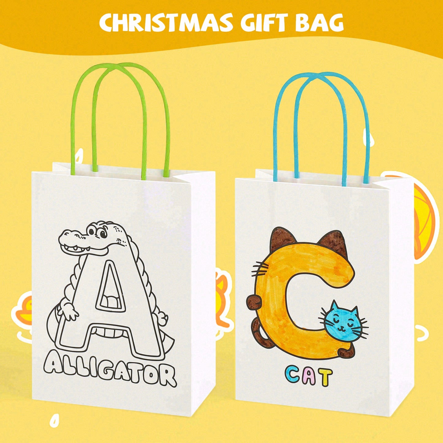 16/32pcs DIY Coloring Gift Bags for Kids, Reusable Paper Party Favor Bags with Handles, Animal Alphabet Design for Birthday Party Supplies, Classroom Crafts