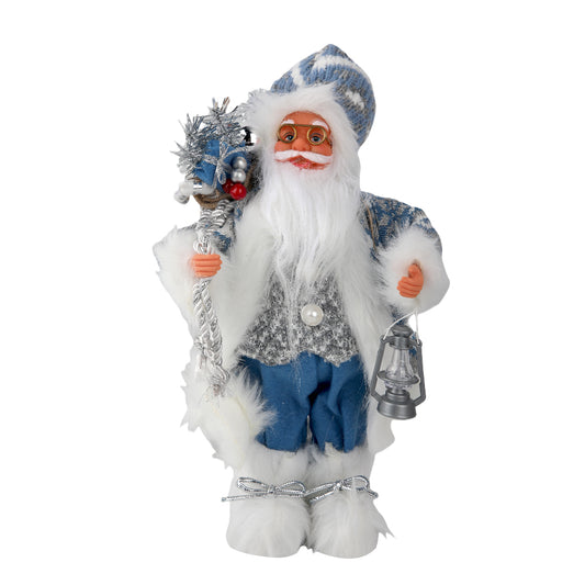 15.7in Blue Santa Claus Figurine with Lantern, Nordic Winter Christmas Decor for Mantel, Tabletop, and Home, Resin Standing Santa Statue, Christmas Gift