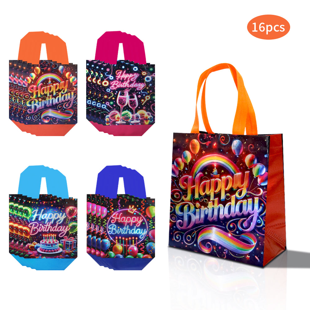 16/32pcs Happy Birthday Gift Bags, Neon Rainbow Party Favor Bags for Kids and Adults, Large Birthday Party Supplies