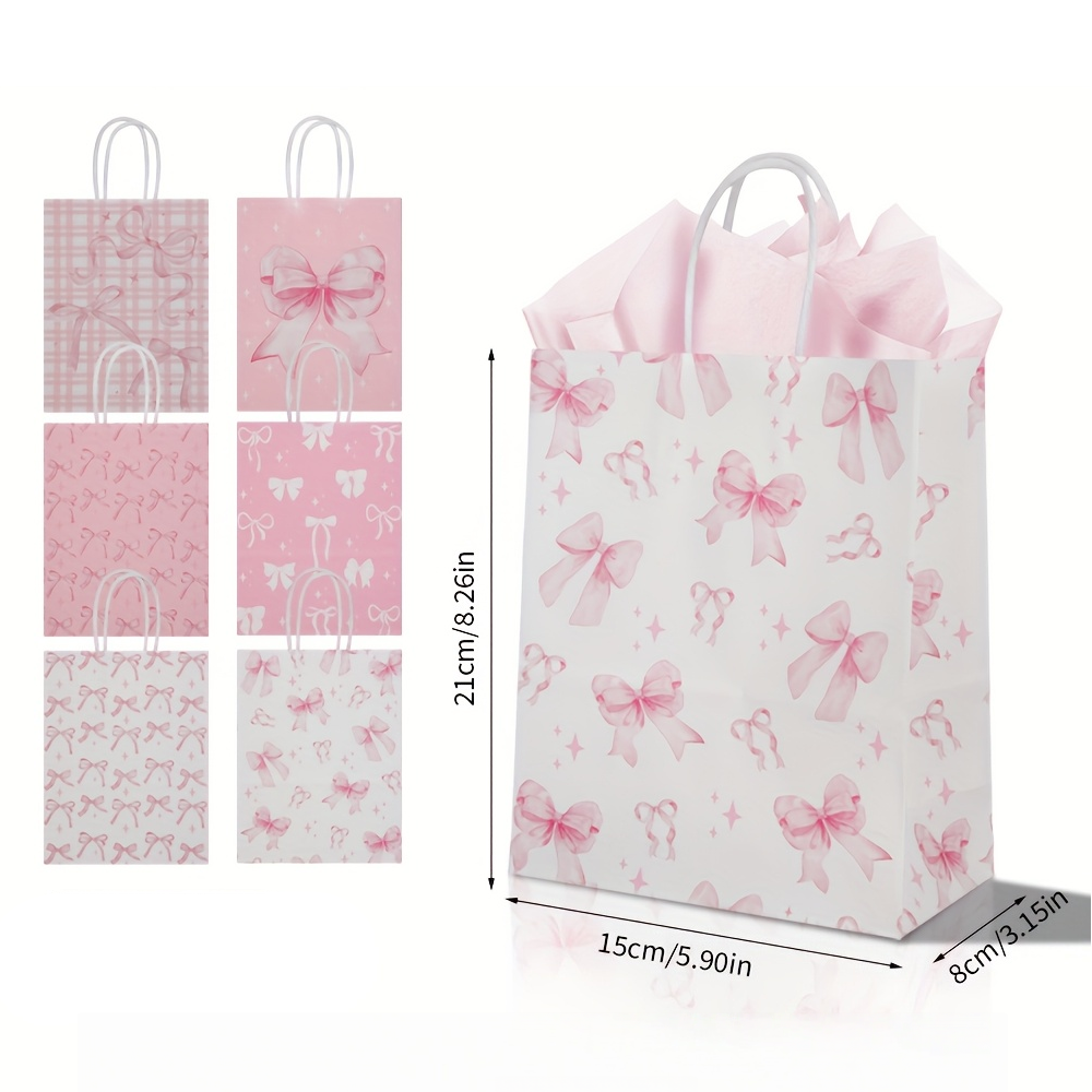 24/48pcs Pink Bow Gift Bags, Cute Paper Party Favor Bags with Ribbon Handles for Birthday, Wedding, Baby Shower, Candy, Goodie Bags