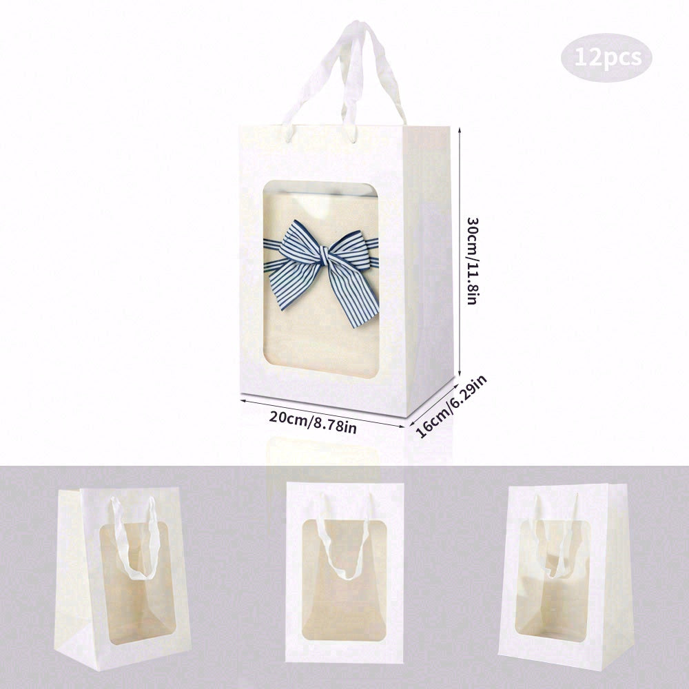 6/12pcs Clear Window Gift Bags, White Paper Party Favor Bags for Wedding, Birthday, Candy, Cookies, Bakery Packaging