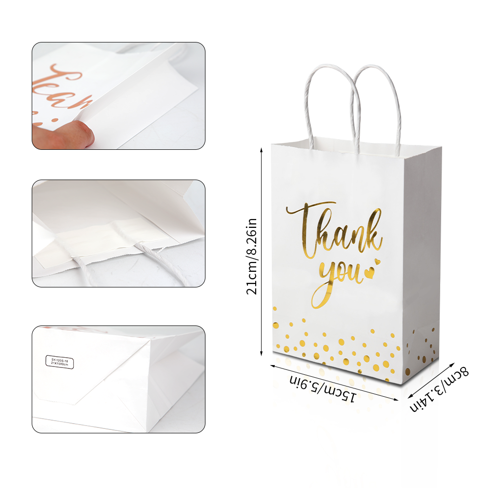 24/48pcs Thank You Gift Bags, White Gold Foil Paper Bags with Handles for Wedding Favor, Birthday Party, Baby Shower, Christmas