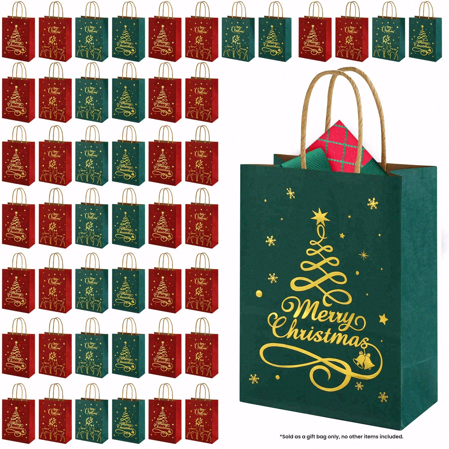 24/48pcs Christmas Paper Gift Bags, Red Green Gold Foil Printed Reindeer & Tree Design, Holiday Party Supplies