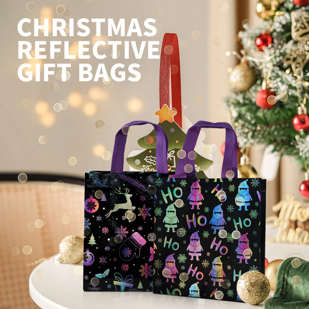 16/32pcs Holographic Christmas Gift Bags with Handles, Black Shiny Holiday Party Favor Bags for Candy, Treats, Stocking Stuffers