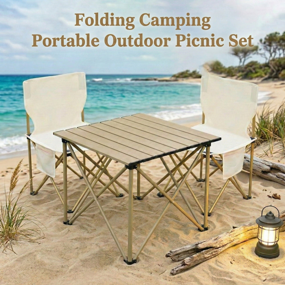 3 Piece Outdoor Folding Table and Chairs Set, Portable Camping Picnic Table with 2 Chairs, Lightweight  Patio Furniture for Backyard, Beach, BBQ (with Carry Bag)