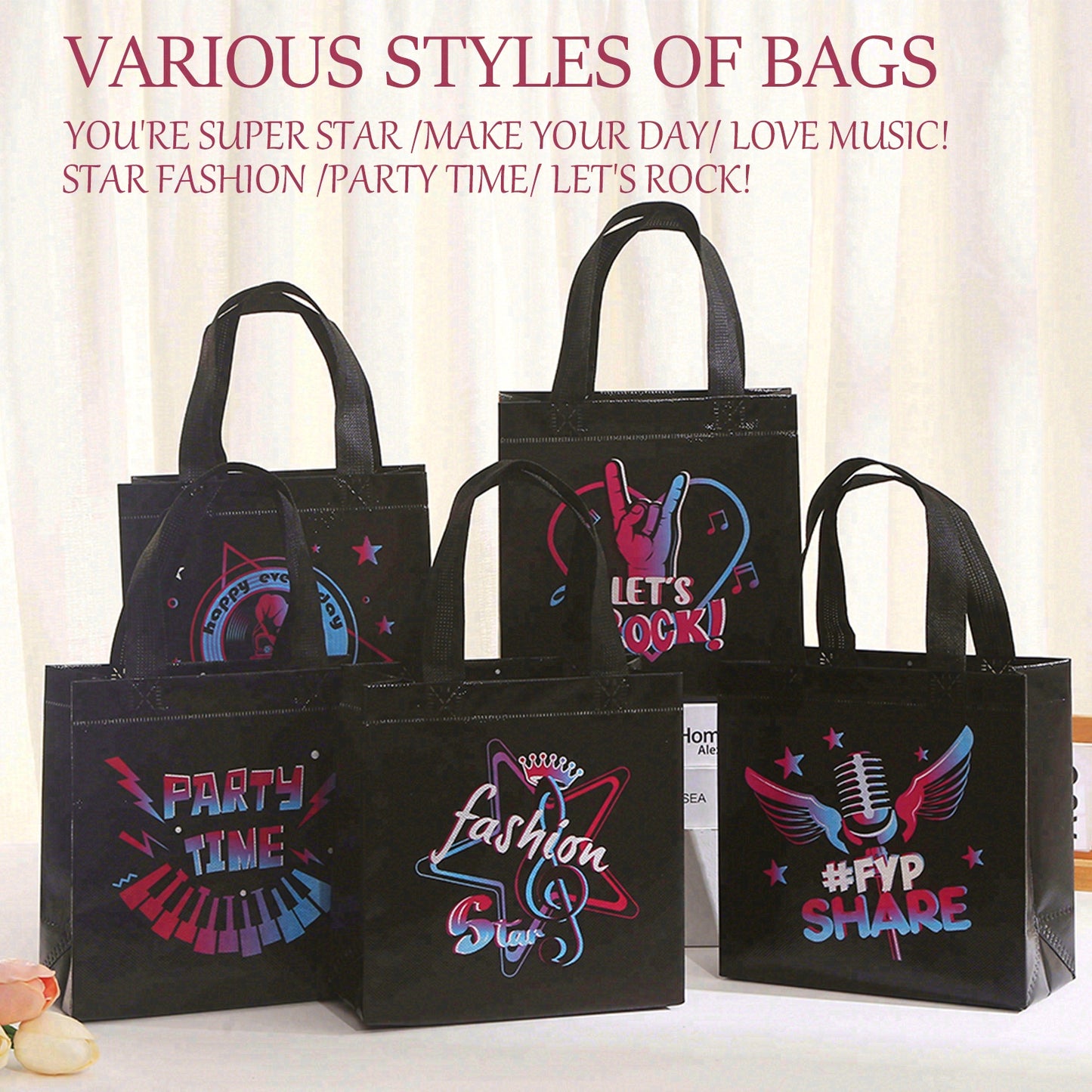 50pcs Music Party Favor Bags, Rock Concert Candy Bags, Non Woven Gift Bags for Birthday Party, Music Lover Party Supplies