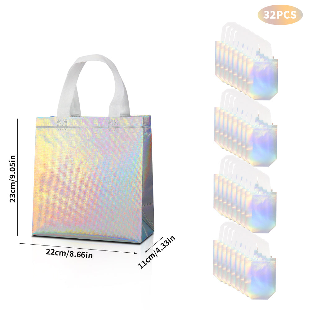 16/32pcs Holographic Gift Bags for Birthday Party, Iridescent Laser Tote Bags, Wedding Favor Bags, Reusable Silver Party Goodie Bags