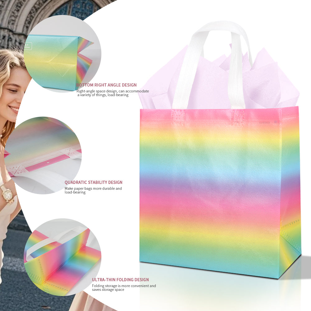 20/40pcs Rainbow Gift Bags, Non Woven Reusable Party Favor Bags with Handles for Birthday, Easter