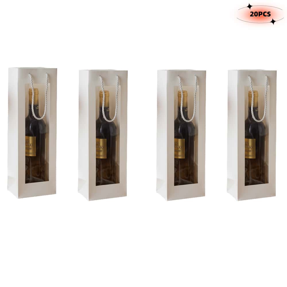 20pcs Wine Gift Bag with Clear Window, Kraft Paper Single Bottle Carrier with Rope Handle for Birthday, Wedding, Christmas Party