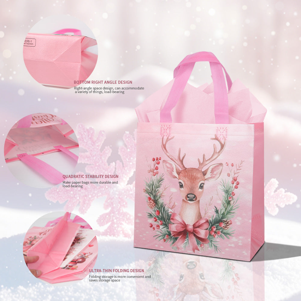 20/40pcs Cute Pink Christmas Deer Gift Bags with Handles, Reusable Non Woven Holiday Tote Bags for Kids Presents, Party Favors, and Candy